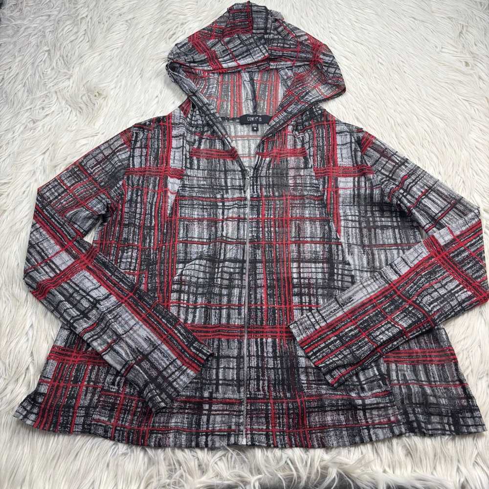 Comfy USA Women's M Abstract Plaid Mesh Zip Hoodie Grunge Art to Wear Alt Artsy